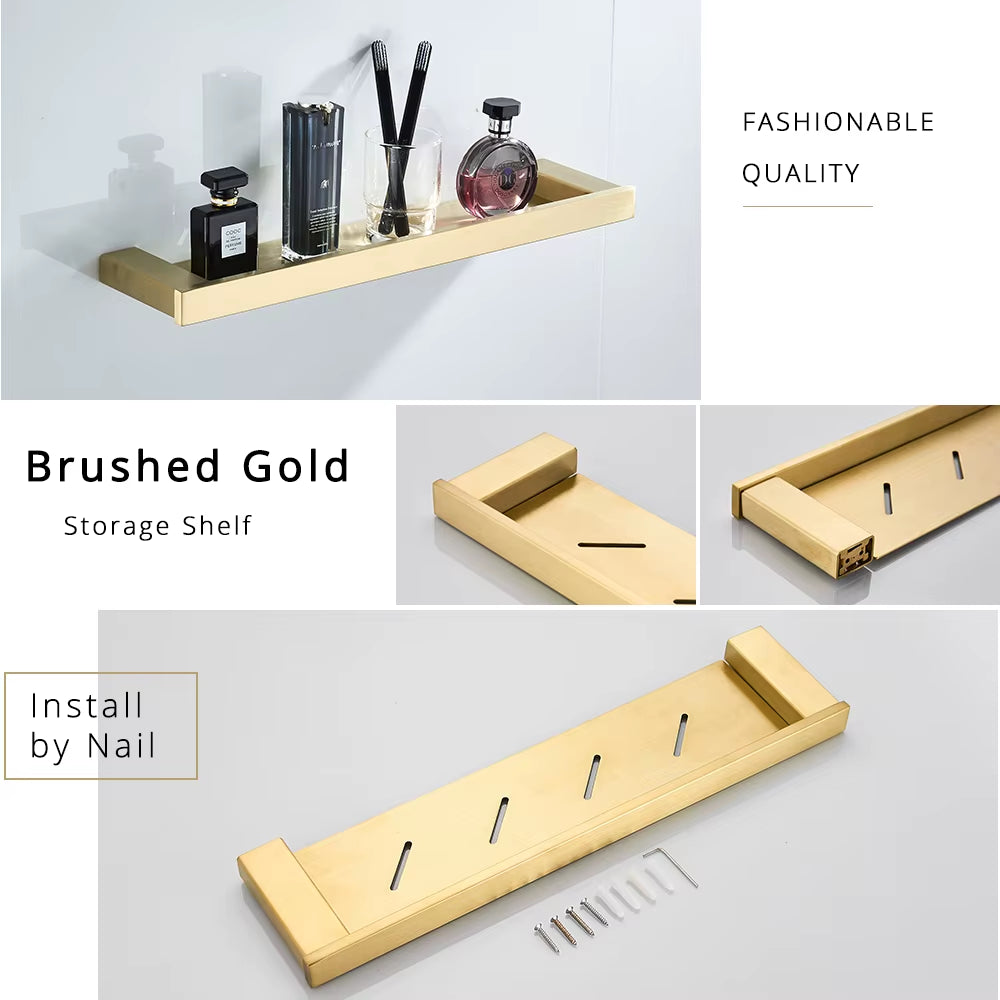 Brushed Gold Bathroom Accessories Set - 304 Stainless Steel Toilet Paper Holder, Toilet Brush Holder, Storage Shelf, and Towel Bar