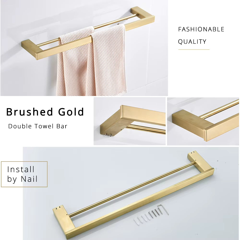 Brushed Gold Bathroom Accessories Set - 304 Stainless Steel Toilet Paper Holder, Toilet Brush Holder, Storage Shelf, and Towel Bar