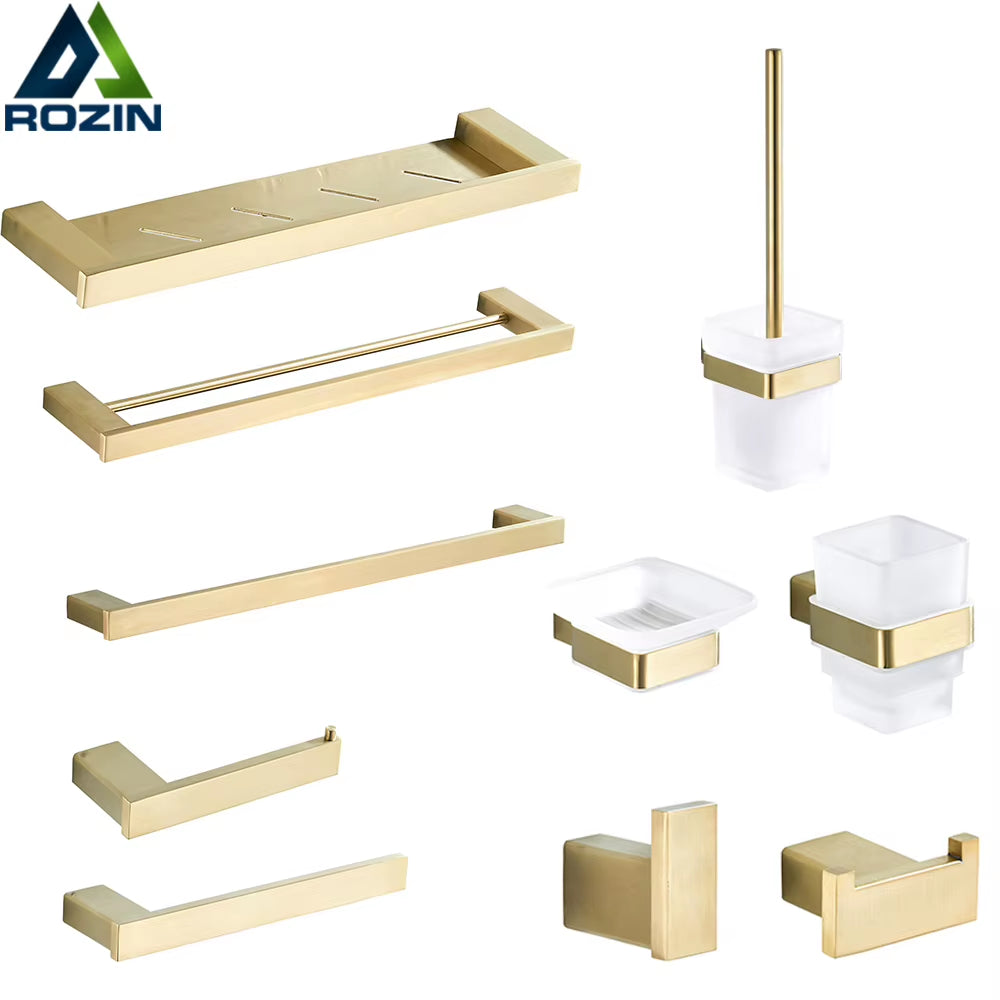 Brushed Gold Bathroom Accessories Set - 304 Stainless Steel Toilet Paper Holder, Toilet Brush Holder, Storage Shelf, and Towel Bar