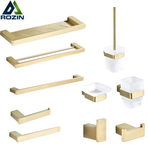 Brushed Gold Bathroom Accessories Set - 304 Stainless Steel Toilet Paper Holder, Toilet Brush Holder, Storage Shelf, and Towel Bar
