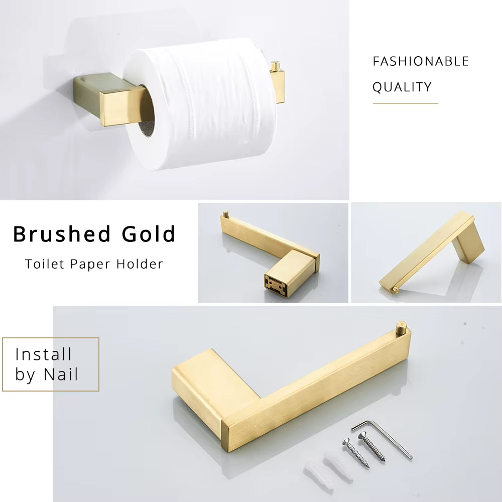 Brushed Gold Bathroom Accessories Set - 304 Stainless Steel Toilet Paper Holder, Toilet Brush Holder, Storage Shelf, and Towel Bar