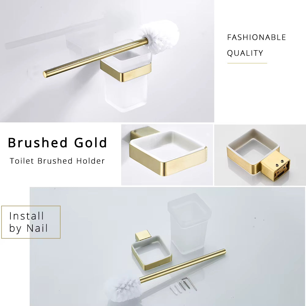 Brushed Gold Bathroom Accessories Set - 304 Stainless Steel Toilet Paper Holder, Toilet Brush Holder, Storage Shelf, and Towel Bar